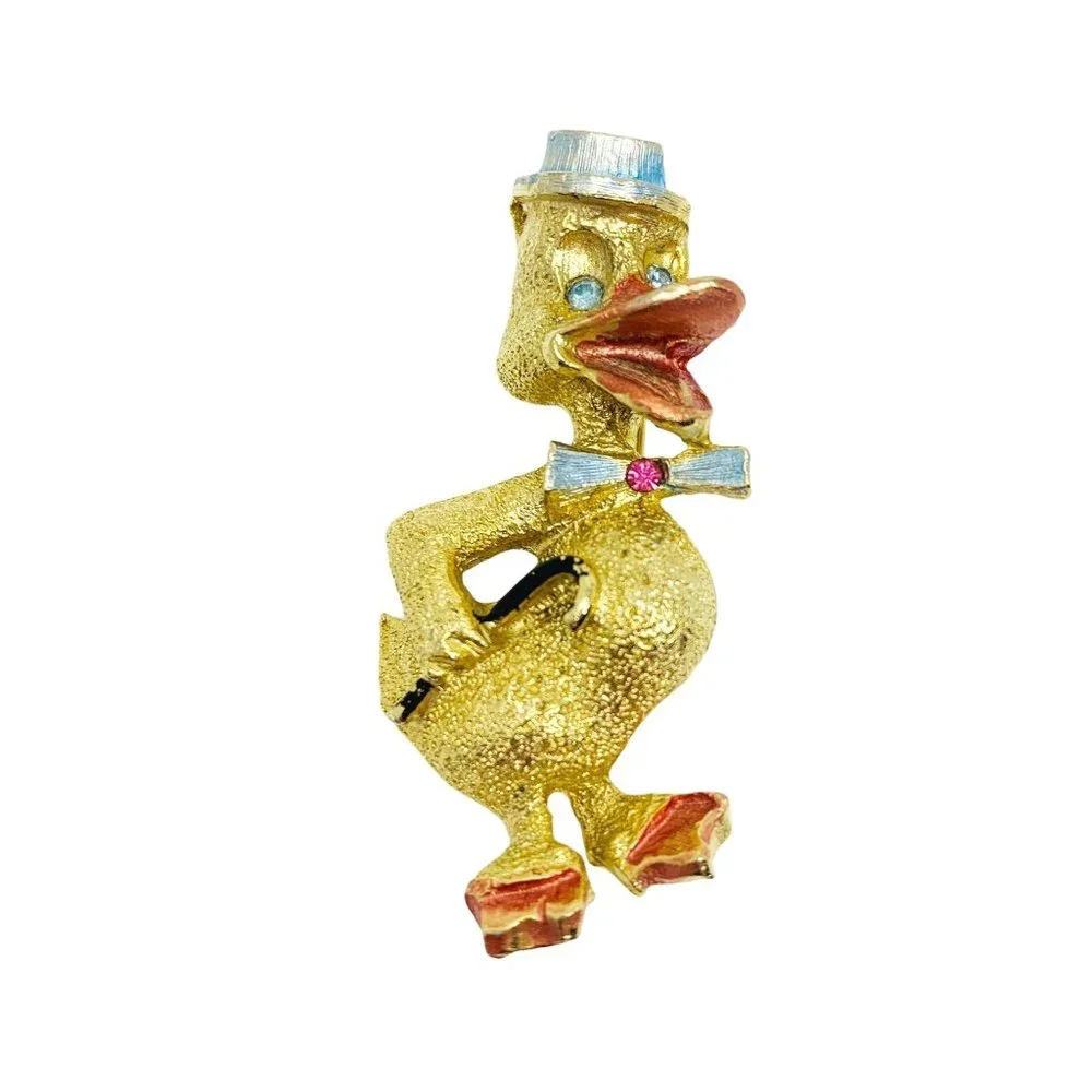 Vintage 1960s Duck Brooch | Gold Blue Rhinestone Eyes B.J. Pin
